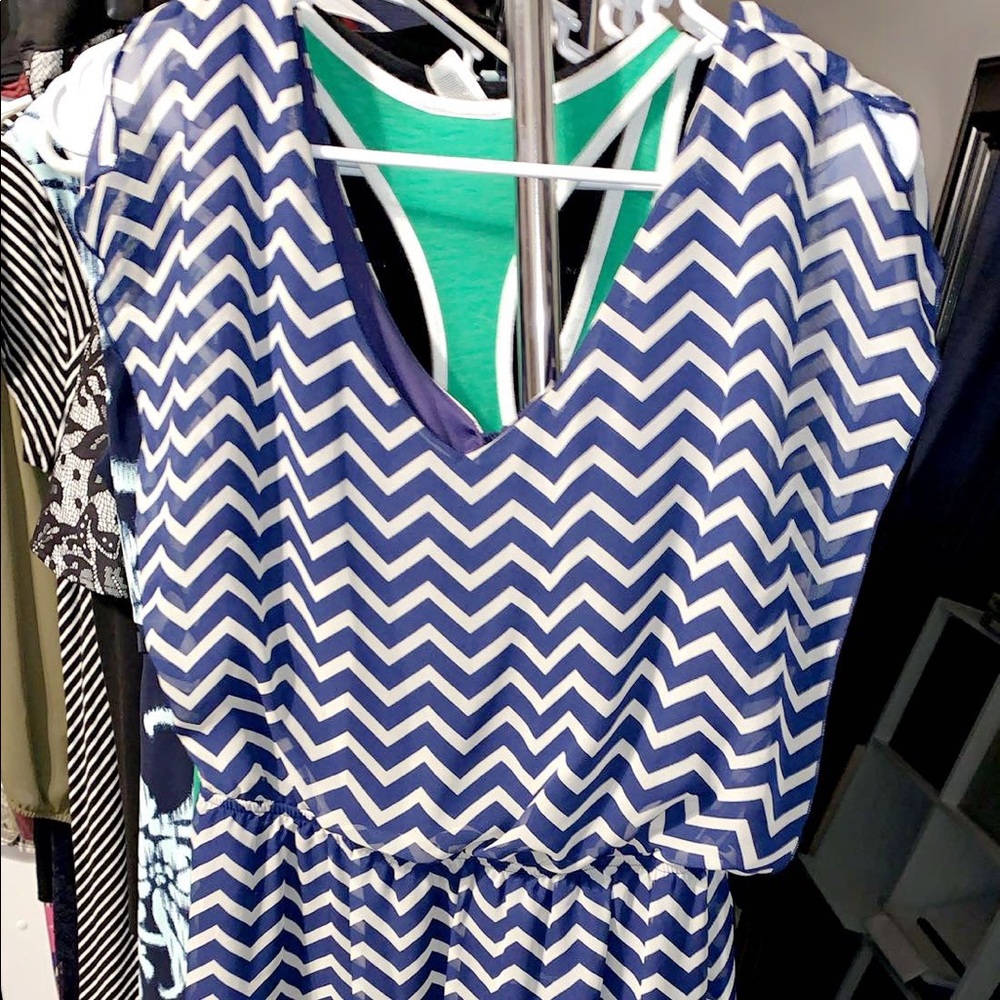 Blue and cream chevron dress sheer sleeves